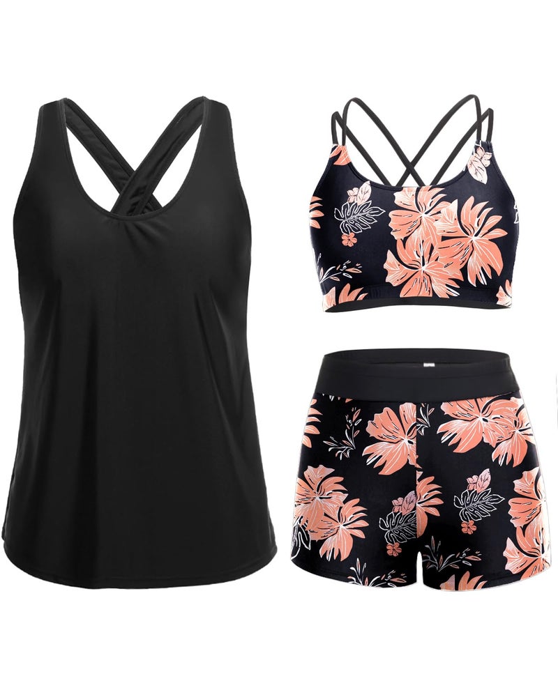Holipick Pink Floral 3 Piece Tankini Swimsuits for Women Tummy Control Bathing Suits Swim Tank Top with Bra Boy Shorts Teen Swimwear XL - Image 1