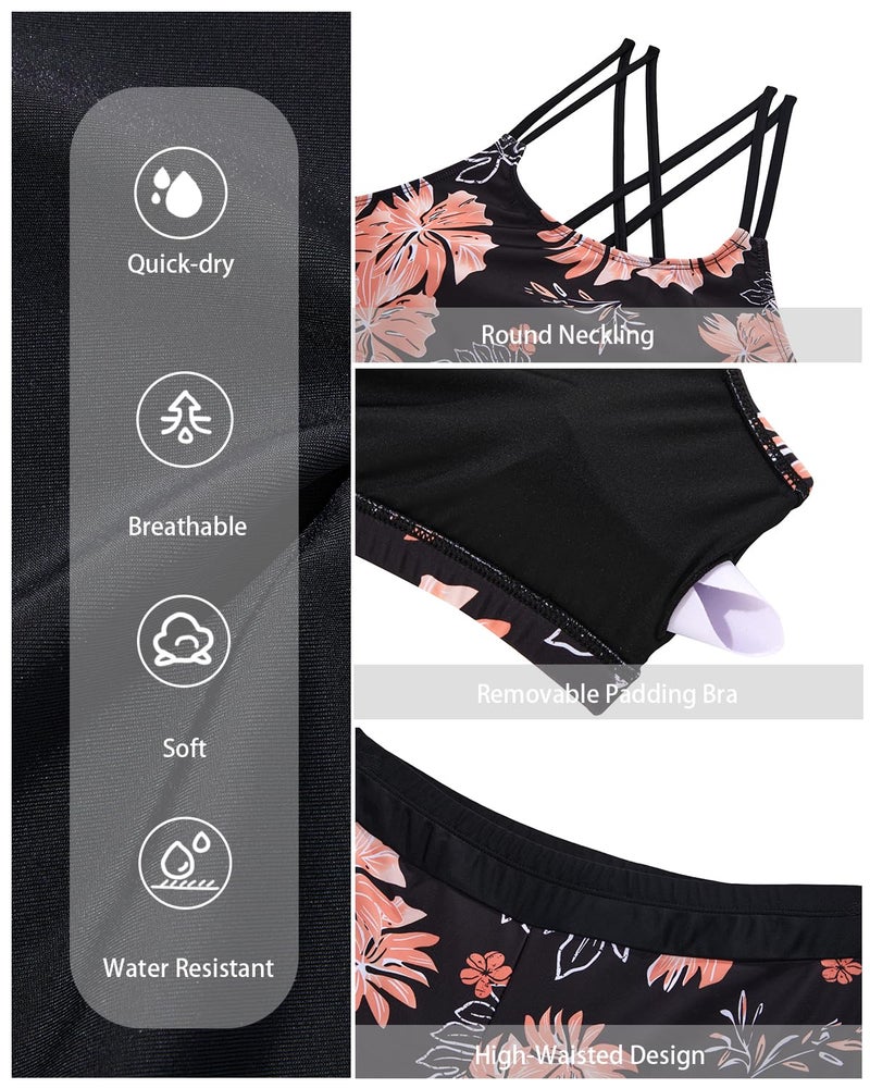 Holipick Pink Floral 3 Piece Tankini Swimsuits for Women Tummy Control Bathing Suits Swim Tank Top with Bra Boy Shorts Teen Swimwear XL - Image 5