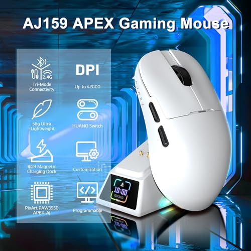 A-jazz ماوس الألعاب اللاسلكي A.JAZZ AJ159APEX 8Khz خفيف الوزن 56g مع قاعدة شحن مغناطيسية 42000DPI مستشعر PAW3950 ثلاثي الوضع BT/2.4Ghz/سلكي قابل للبرمجة للاعبين على الكمبيوتر الشخصي وماك (أبيض) - Image 2