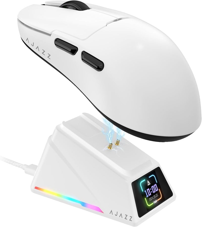 A-jazz ماوس الألعاب اللاسلكي A.JAZZ AJ159APEX 8Khz خفيف الوزن 56g مع قاعدة شحن مغناطيسية 42000DPI مستشعر PAW3950 ثلاثي الوضع BT/2.4Ghz/سلكي قابل للبرمجة للاعبين على الكمبيوتر الشخصي وماك (أبيض) - Image 1