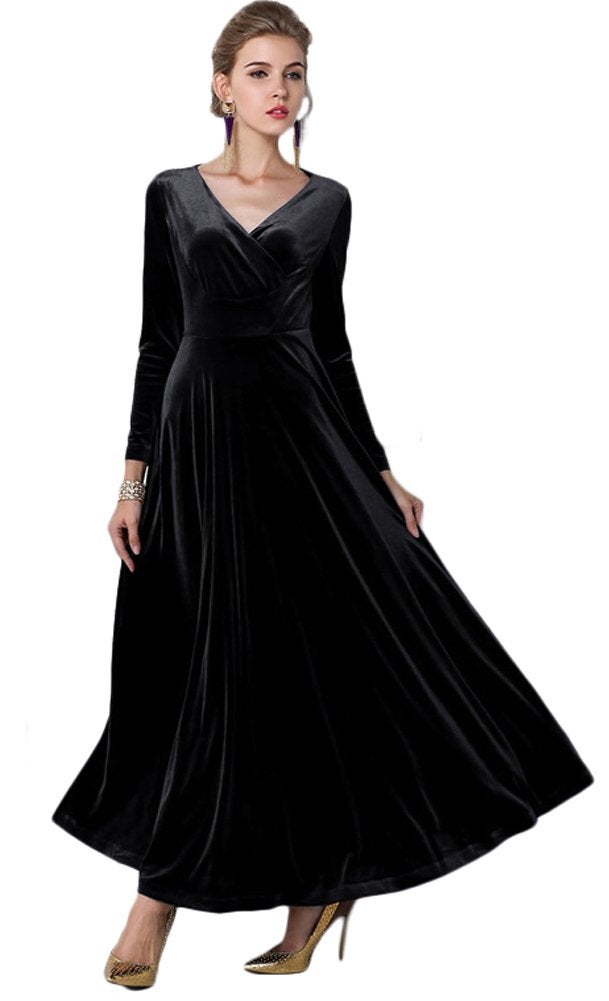 EXCHIC Women's Elegant Velvet Long Sleeve Maxi Dress Evening Party Dancing Dresses (2XL, Black) - Image 2