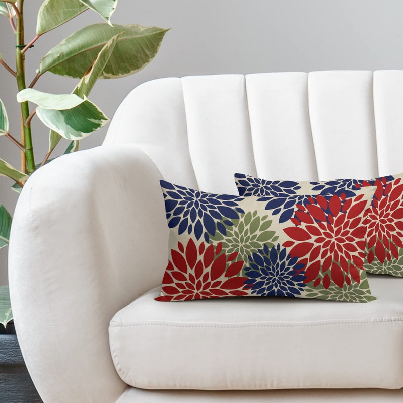 Smozenith 4th of July Pillow Covers 12X20 Inch Set of 2  Patriotic Red Blue Green Dahlia Floral Print Holiday Decorative Rectangle Throw Pillow Covers Outdoor Farmhouse Cushion Case for Couch Sofa Bed Decor  - Image 2