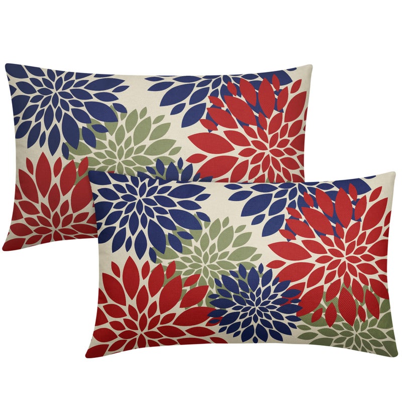 Smozenith 4th of July Pillow Covers 12X20 Inch Set of 2  Patriotic Red Blue Green Dahlia Floral Print Holiday Decorative Rectangle Throw Pillow Covers Outdoor Farmhouse Cushion Case for Couch Sofa Bed Decor  - Image 1