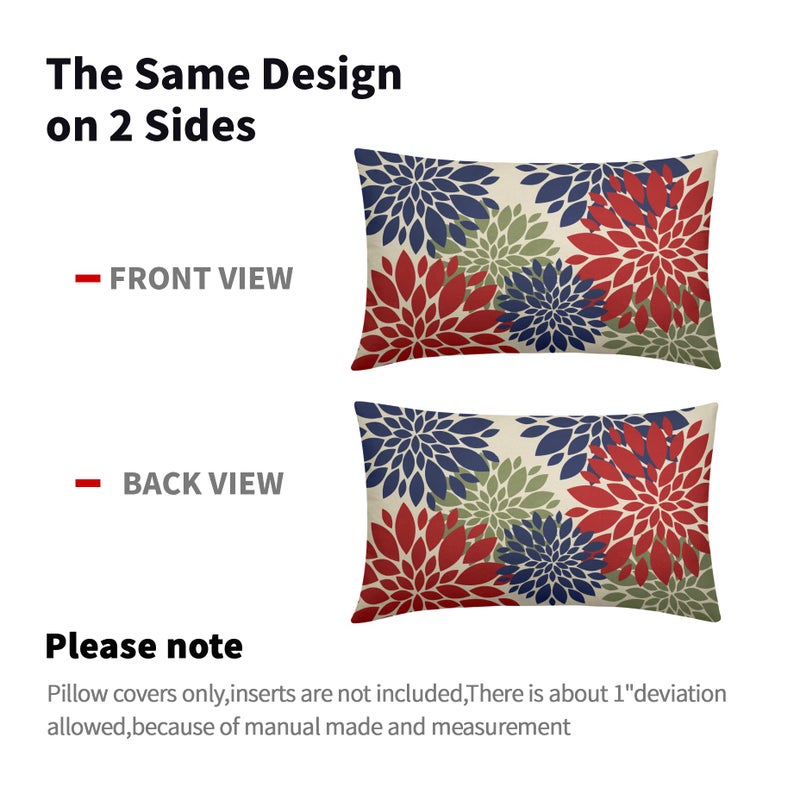 Smozenith 4th of July Pillow Covers 12X20 Inch Set of 2  Patriotic Red Blue Green Dahlia Floral Print Holiday Decorative Rectangle Throw Pillow Covers Outdoor Farmhouse Cushion Case for Couch Sofa Bed Decor  - Image 5