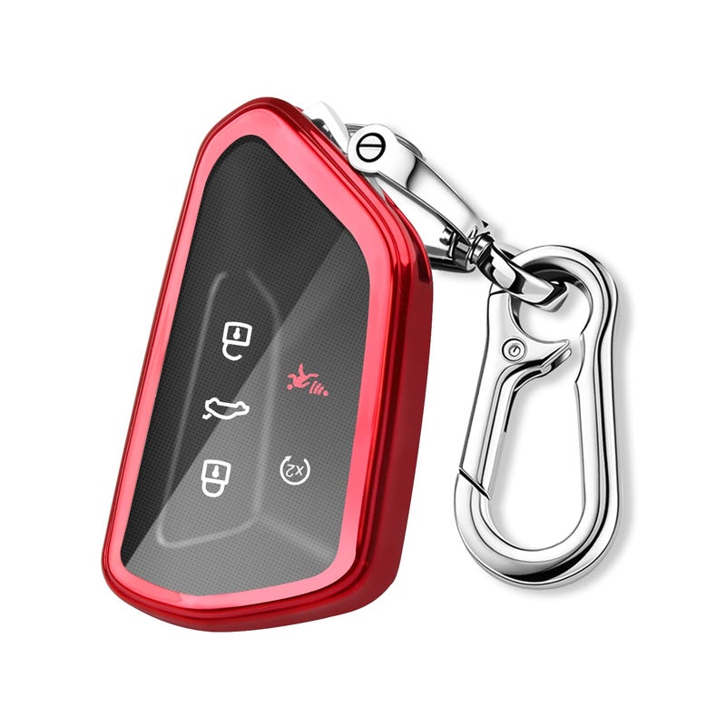 غطاء مفتاح QBUC لفولكس فاجن مع سلسلة مفاتيح - غطاء مفتاح سيارة يناسب VW ID4 ID3 MK8 جولف GTI سيات ليون MK4 سكودا أوكتافيا - أحمر
