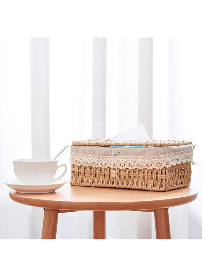 Tissue Case with Cover Hand Wooven Tissue Box Organizer Dispenser Kleenex Box with Cover Napkin Holder Napkin Dispencer For Home Office Car  - Image 4