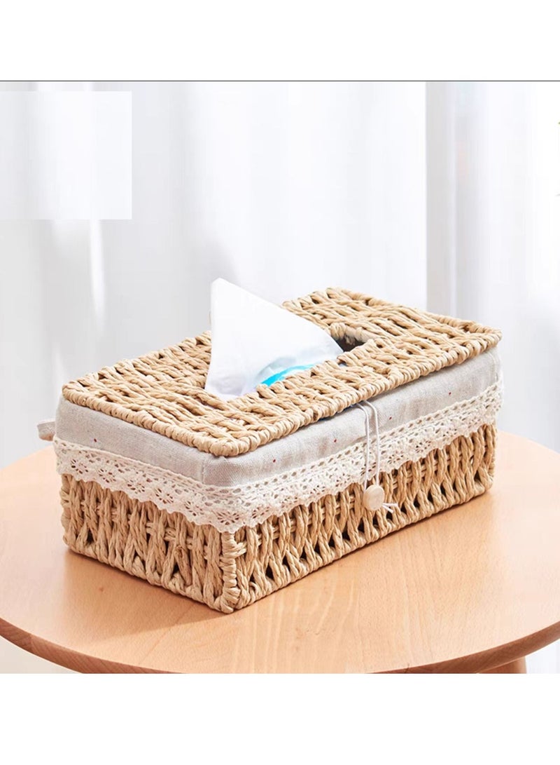 Tissue Case with Cover Hand Wooven Tissue Box Organizer Dispenser Kleenex Box with Cover Napkin Holder Napkin Dispencer For Home Office Car  - Image 1