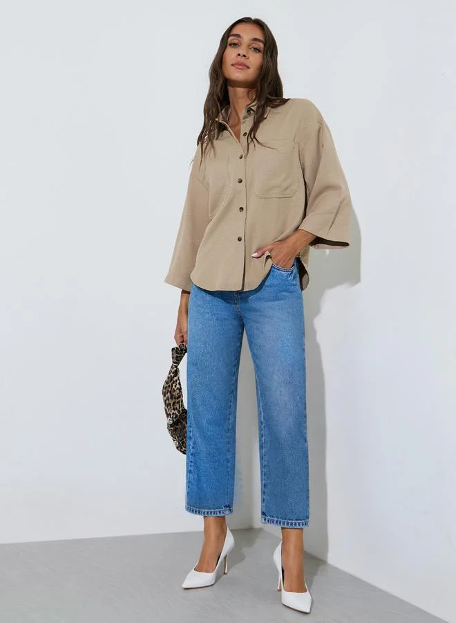 Styli Beige Pocket Detail 3/4 Sleeves Relaxed Fit Shirt