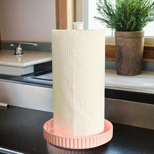 VROOMIUM Paper Towel Holder Countertop, Ceramic Base Easy-to-Clean, 1.5 lbs, 7" B x 12.5" H, Stable Elegant and Durable Kitchen Roll Stand, Cute Pink - Image 1