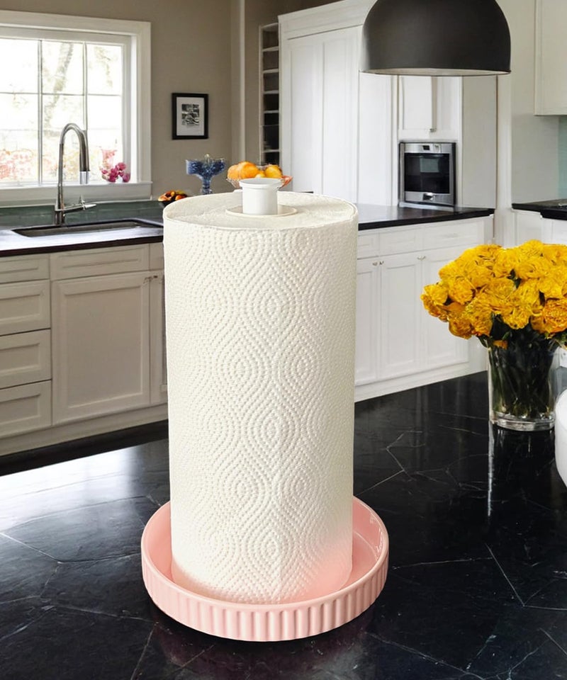 VROOMIUM Paper Towel Holder Countertop, Ceramic Base Easy-to-Clean, 1.5 lbs, 7" B x 12.5" H, Stable Elegant and Durable Kitchen Roll Stand, Cute Pink - Image 5