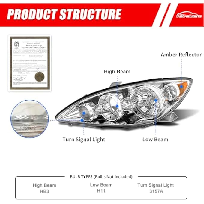 ADCARLIGHTS For 20052006 Camry Headlight Assembly Compatible With 2005 2006 Toyota Camry Chrome Housing With Amber Reflector Headlamp Replacement Left And Right Pair - Image 4