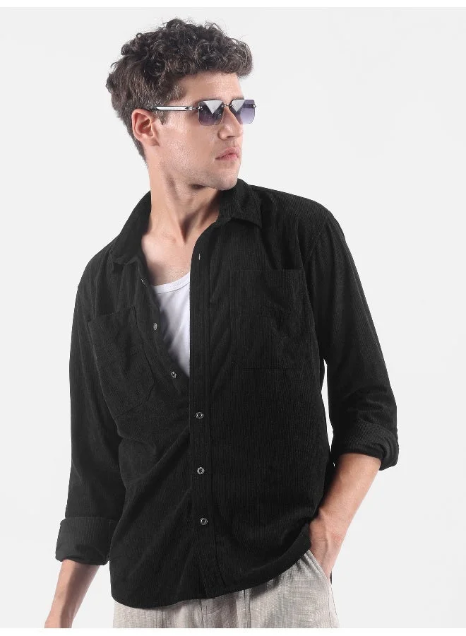 Beyoung Black Lazer Cut Stripe Textured Corduroy Shirt