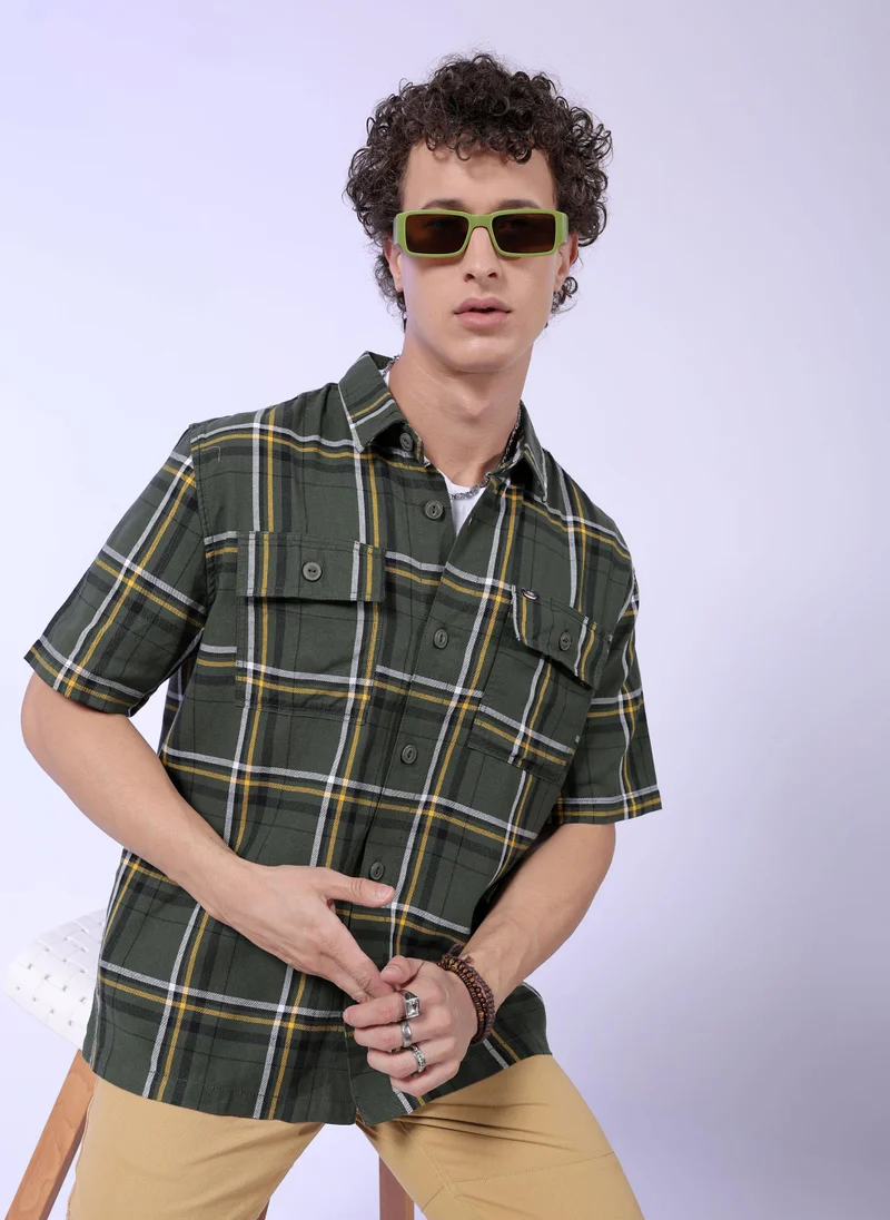 The Indian Garage Co Men Boxy Fit Checkered Half Sleeves Cuban Collar Double Flap Pocket Street Wear Over Shirt