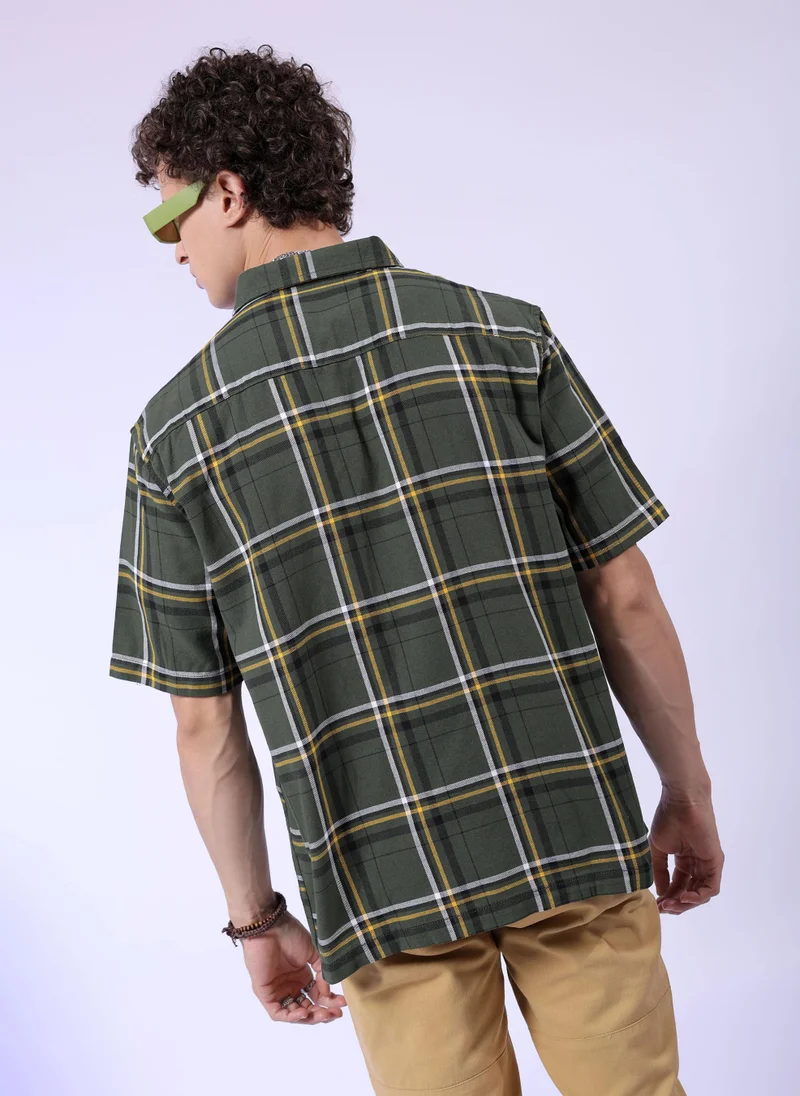 The Indian Garage Co Men Boxy Fit Checkered Half Sleeves Cuban Collar Double Flap Pocket Street Wear Over Shirt