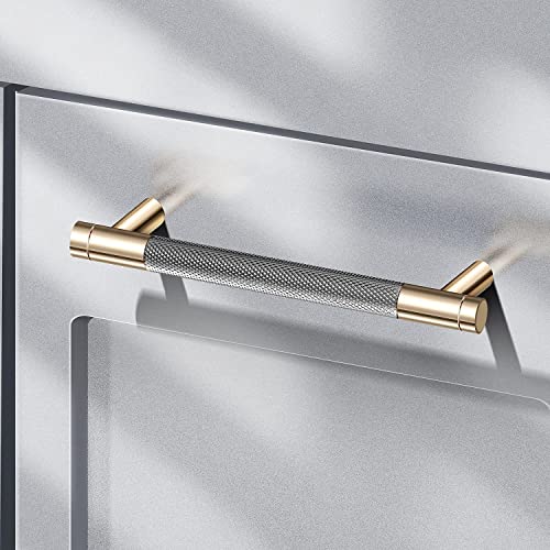 Gutuwellea 50 Pack 5 Inch 128 mm Knurled Cabinet Handles Cabinet Pulls Aluminum Handles Knurled Drawer Pulls Gold and Grey Oxidation Finish with Diamond Pattern 6" Length (5" Hole Center) - Image 4