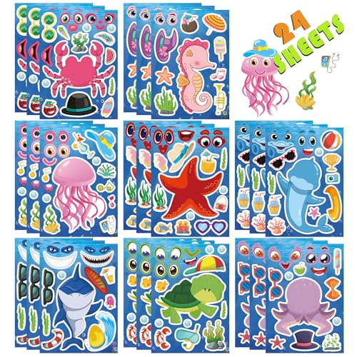 DUJAA 24 Sheets Ocean Stickers for Kids, Make Your Own Sea Animal Mix and Match Sticker Sheets, Make a Face Stickers for Kids Activities Supplies Crafts - Image 1