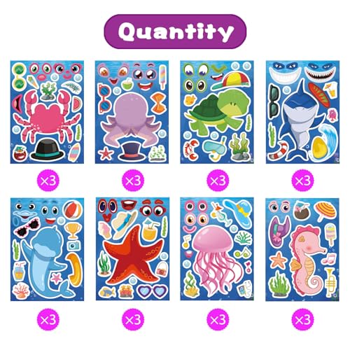 DUJAA 24 Sheets Ocean Stickers for Kids, Make Your Own Sea Animal Mix and Match Sticker Sheets, Make a Face Stickers for Kids Activities Supplies Crafts - Image 2