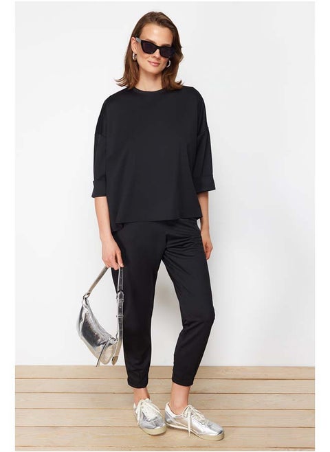 Black Oversize/Wide Pattern Knitted Sweatshirt/Pants Top-Bottom Set