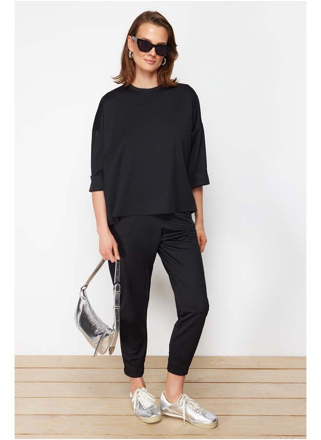 Black Oversize/Wide Pattern Knitted Sweatshirt/Pants Top-Bottom Set