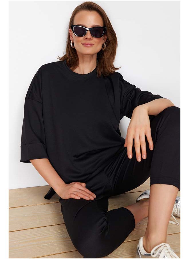 Black Oversize/Wide Pattern Knitted Sweatshirt/Pants Top-Bottom Set