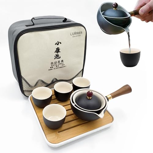 LURRIER Porcelain Chinese Gongfu Tea Set,Portable Teapot Set with 360 Rotation Tea maker and Infuser,Portable All in One Gift Bag for Travel,Home,Gifting,Outdoor and Office (Black) - Image 1