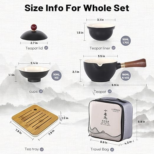 LURRIER Porcelain Chinese Gongfu Tea Set,Portable Teapot Set with 360 Rotation Tea maker and Infuser,Portable All in One Gift Bag for Travel,Home,Gifting,Outdoor and Office (Black) - Image 2