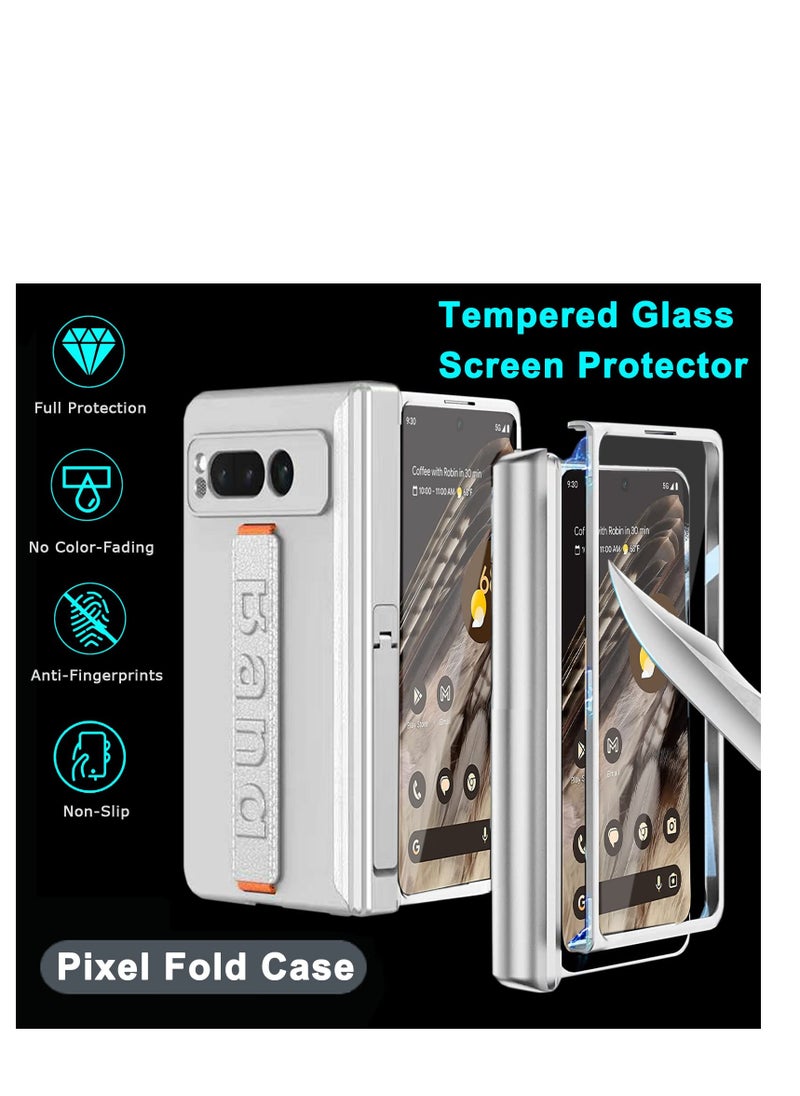 Excefore - Compatible for Google Pixel Fold Phone Case, Magnetic Case with Screen Protector & Hand Strap, Silver Heavy Duty Shock-Absorption Hard Matte Cover, With Built-In Stand, for Pixel Fold Case - Image 1