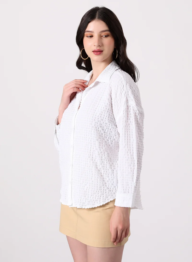 بينيا كولادا Women's Cubic-Seersucker Oversized Shirt | Spread Collar , Long Single-Button Cuff Sleeves, Button Closure | Solid Textured | Woven Shirt For Casual & Daily Wear | Cloud White