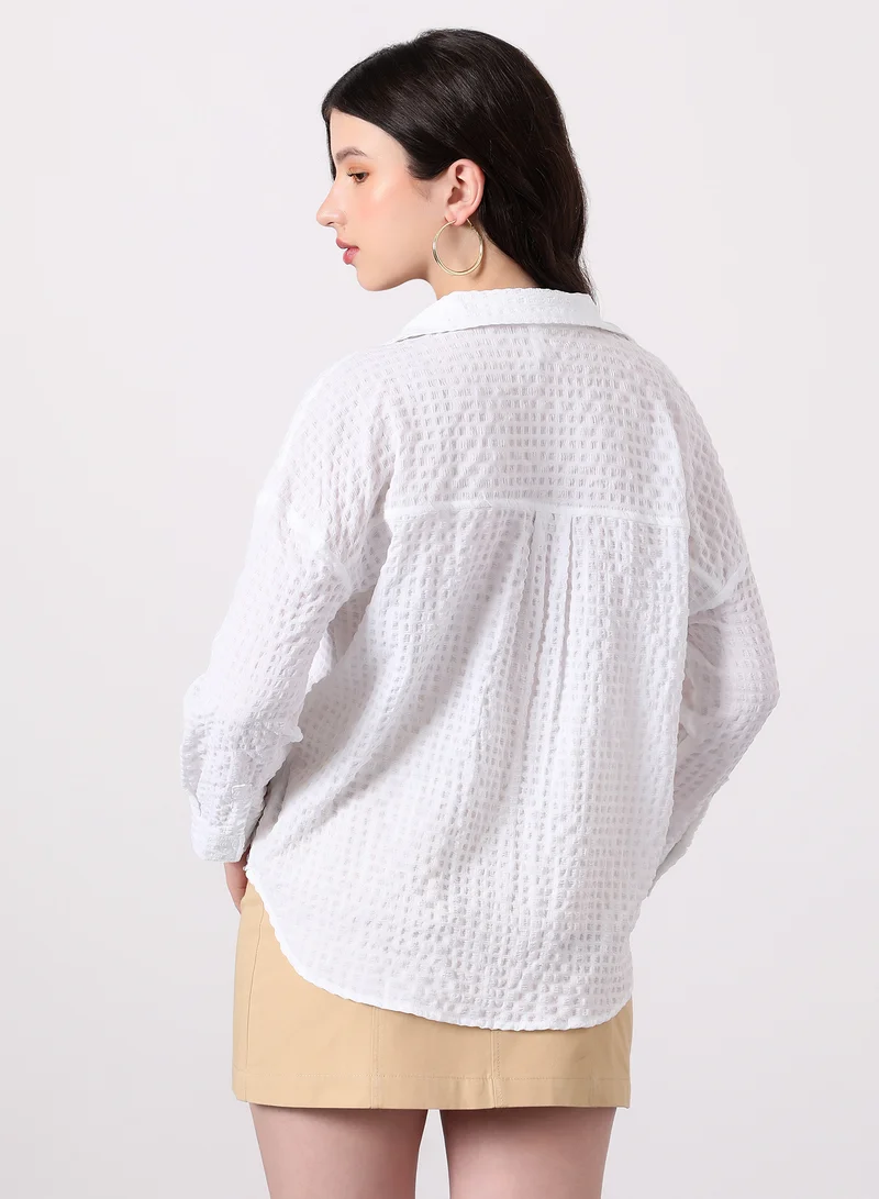 بينيا كولادا Women's Cubic-Seersucker Oversized Shirt | Spread Collar , Long Single-Button Cuff Sleeves, Button Closure | Solid Textured | Woven Shirt For Casual & Daily Wear | Cloud White