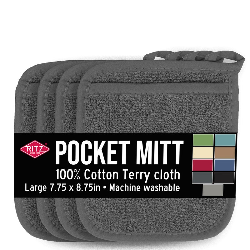 RITZ Terry Pocket Mitt & Hot Pad: Unparalleled Heat Resistant, Durable 100% Cotton â€“ Ergonomically Designed for Optimal Grip â€“ Easy-Care Machine Washable â€“ 4-Pack, Graphite - Image 1