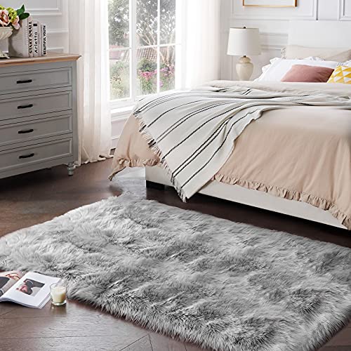 SERISSA Soft Fluffy Area Rug, Grey Faux Sheepskin Fur Rug, Shaggy Rug for Bedroom Floor Fuzzy Carpet for Living Room 4x6 Feet - Image 2