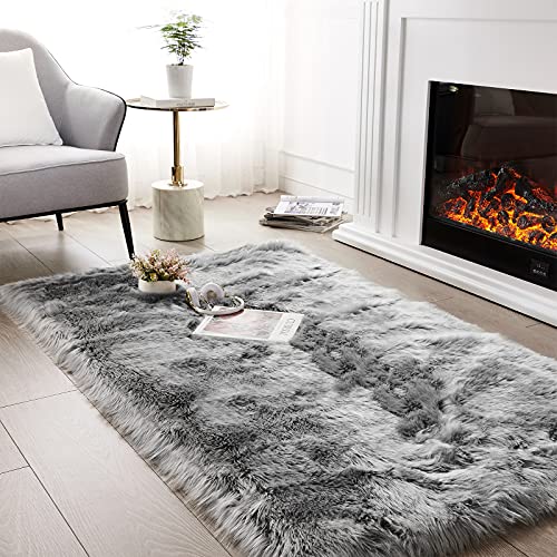 SERISSA Soft Fluffy Area Rug, Grey Faux Sheepskin Fur Rug, Shaggy Rug for Bedroom Floor Fuzzy Carpet for Living Room 4x6 Feet - Image 1