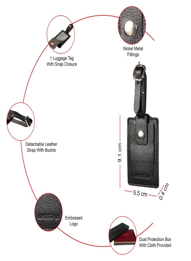 Sassora Genuine Leather Luggage Tag for Suitcases & Bags | Name ID Card Holder with Secure Buckle Strap & Privacy Flap | Travel Identifier for Men & Women (Black) - Image 3
