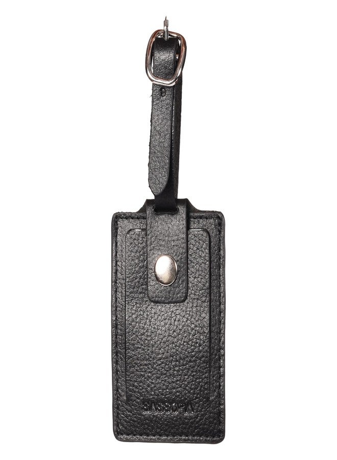 Sassora Genuine Leather Luggage Tag for Suitcases & Bags | Name ID Card Holder with Secure Buckle Strap & Privacy Flap | Travel Identifier for Men & Women (Black) - Image 1