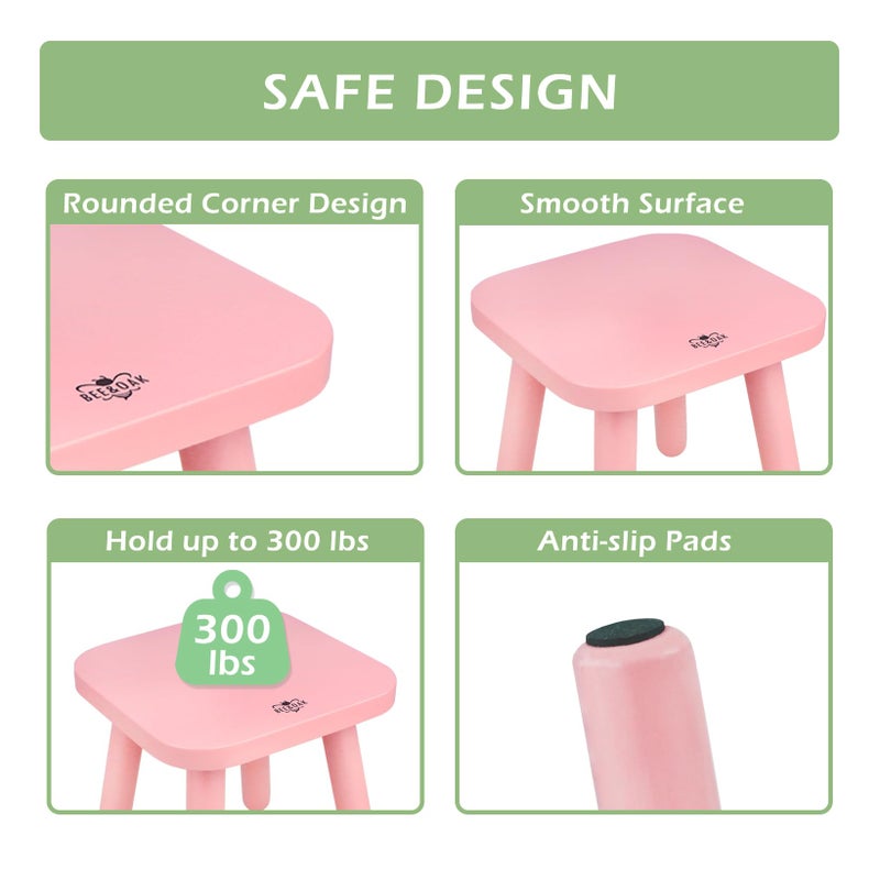 BEE&OAK Wooden Step Stools for Adults, Solid Rubber Wood Non-Slip Step Foot Stool, Heavy Duty 300 lbs One Step Stool for Bedroom, Bathroom, Kitchen (Pink, 9.25" (D) x 9.25"(W) x 8.86"(H)) - Image 3