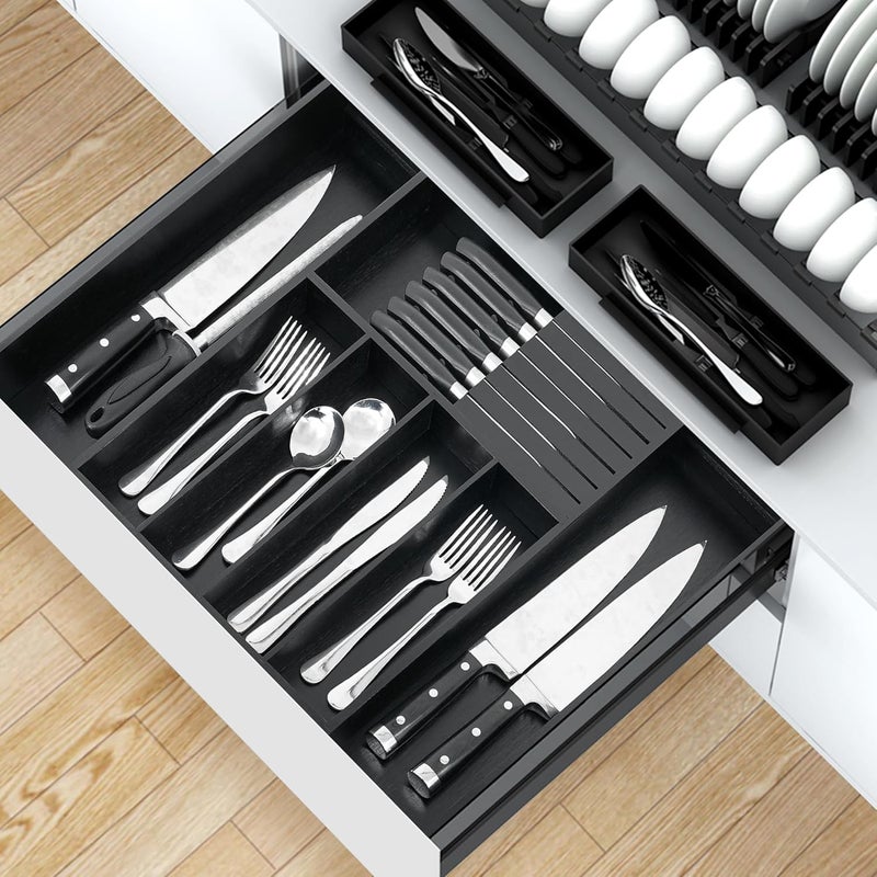 VaeFae Bamboo Silverware Drawer Organizer Kitchen, Expandable Utensil Holder and Cutlery Tray with Divider | 13"-21.6" Flatware Storage and Removable Knife Block (Black) - Image 5