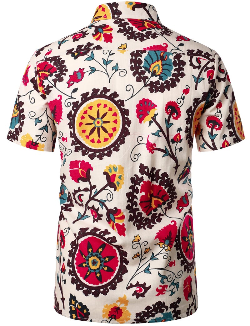 PARKLEES Men's Linen 70s Hippie Style Floral Print Shirt Short Sleeve Button Down Hawaiian Shirts Beige White Large - Image 3
