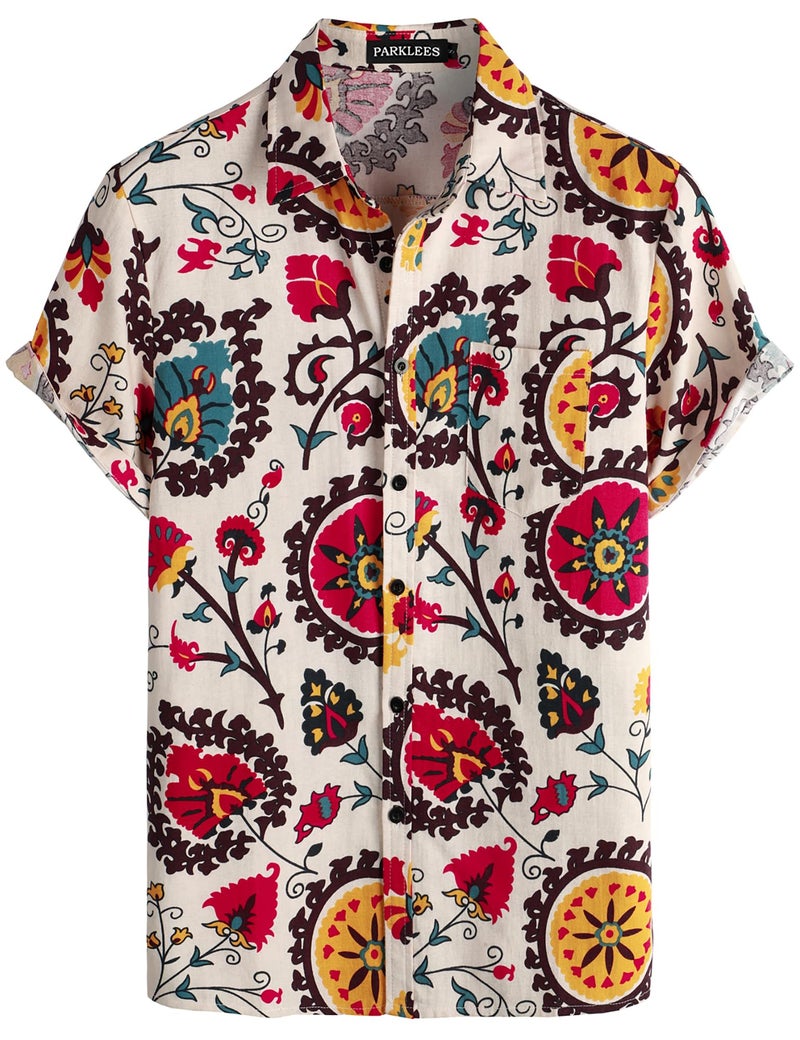PARKLEES Men's Linen 70s Hippie Style Floral Print Shirt Short Sleeve Button Down Hawaiian Shirts Beige White Large - Image 1