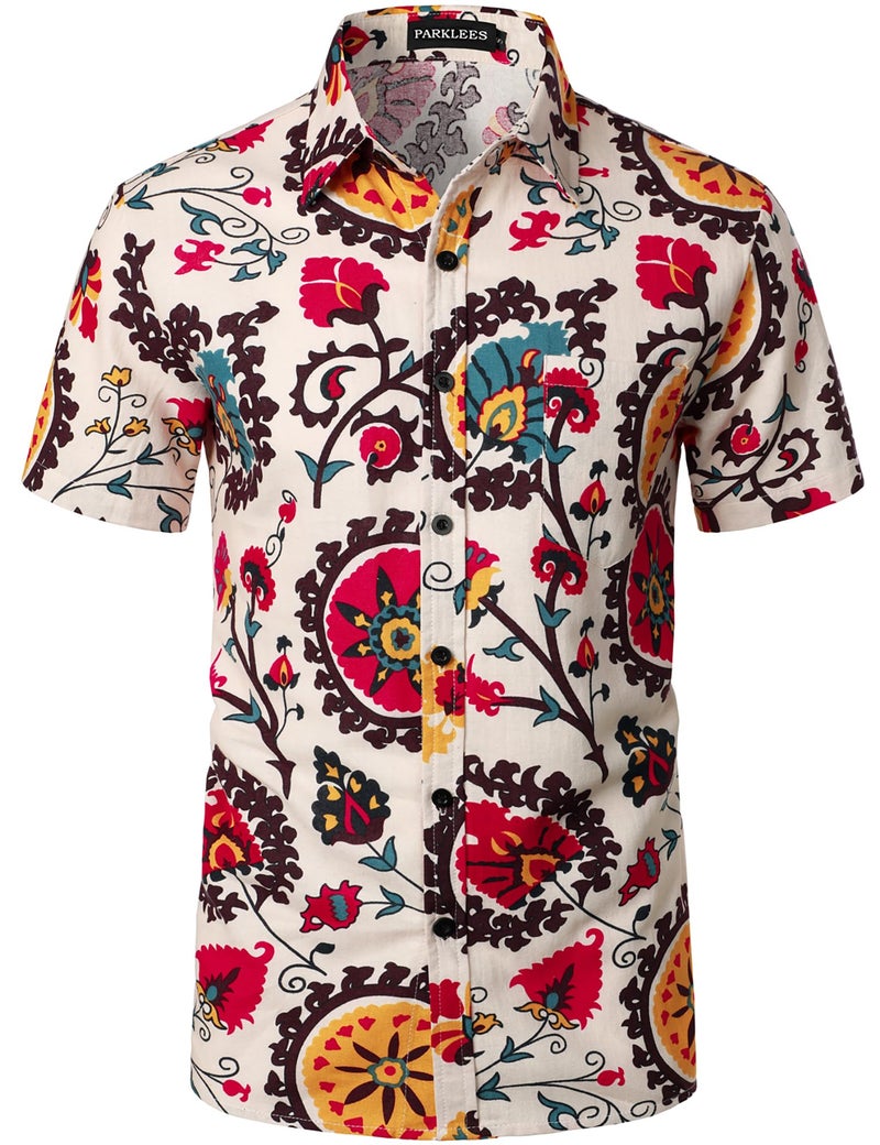 PARKLEES Men's Linen 70s Hippie Style Floral Print Shirt Short Sleeve Button Down Hawaiian Shirts Beige White Large - Image 2
