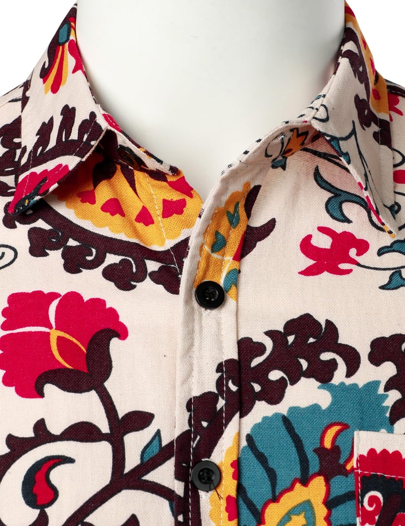 PARKLEES Men's Linen 70s Hippie Style Floral Print Shirt Short Sleeve Button Down Hawaiian Shirts Beige White Large - Image 4
