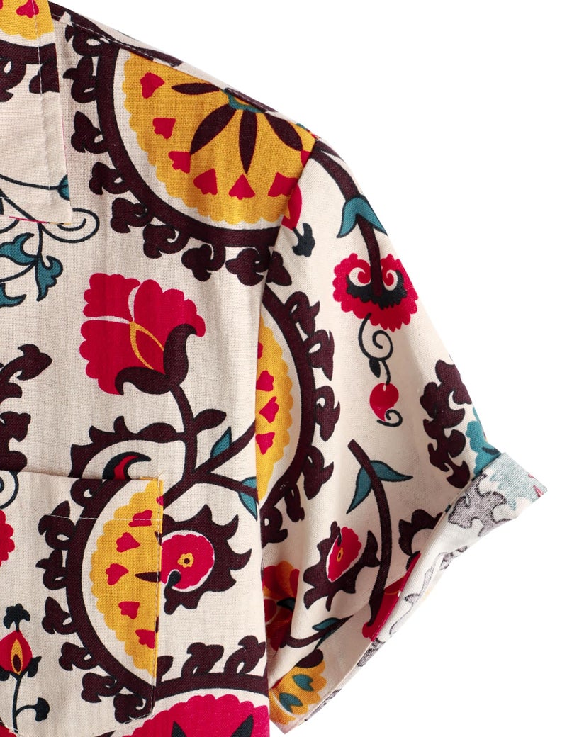 PARKLEES Men's Linen 70s Hippie Style Floral Print Shirt Short Sleeve Button Down Hawaiian Shirts Beige White Large - Image 5