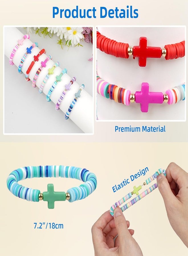 WOVTE Jesus Bracelets Christian Bracelet Pack, Handmade Elastic Colorful Polymer Clay Beaded Bracelets Inspirational Religious Reminder Jewelry for Woman (Cross (48PCS)) - Image 2