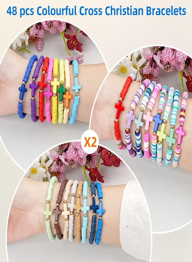 WOVTE Jesus Bracelets Christian Bracelet Pack, Handmade Elastic Colorful Polymer Clay Beaded Bracelets Inspirational Religious Reminder Jewelry for Woman (Cross (48PCS)) - Image 3