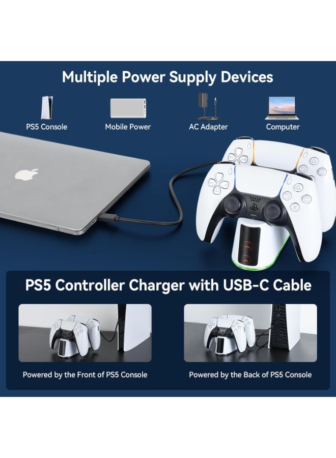 محطة شحن PS5 شاحن سريع 2H لوحدة تحكم PS5 & Edge، قاعدة شحن PS5 مع ملحقات وحدة تحكم مؤشر LED RGB مع كابل USBC، أبيض - Image 5