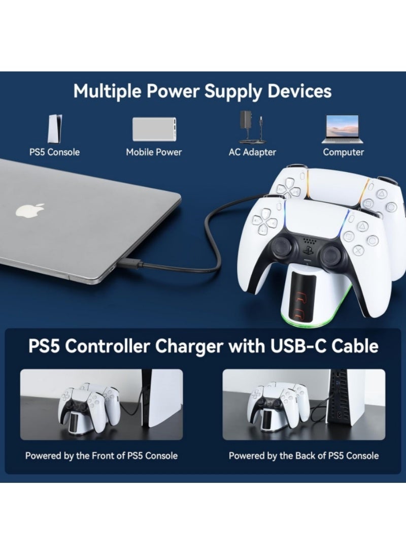 محطة شحن PS5 شاحن سريع 2H لوحدة تحكم PS5 & Edge، قاعدة شحن PS5 مع ملحقات وحدة تحكم مؤشر LED RGB مع كابل USBC، أبيض - Image 3