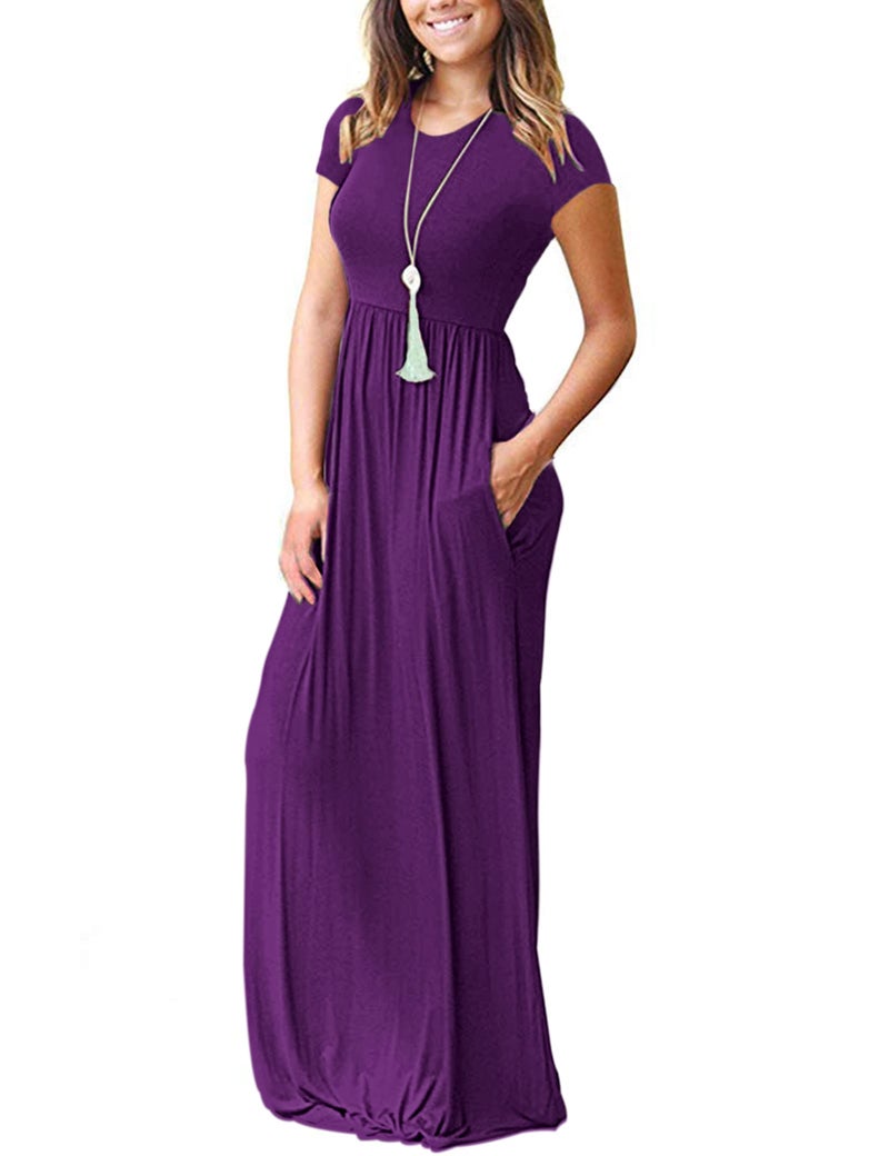 MISFAY Women's Short Sleeve Empire Waist Maxi Dresses Long Dresses with Pockets (Purple L) - Image 2