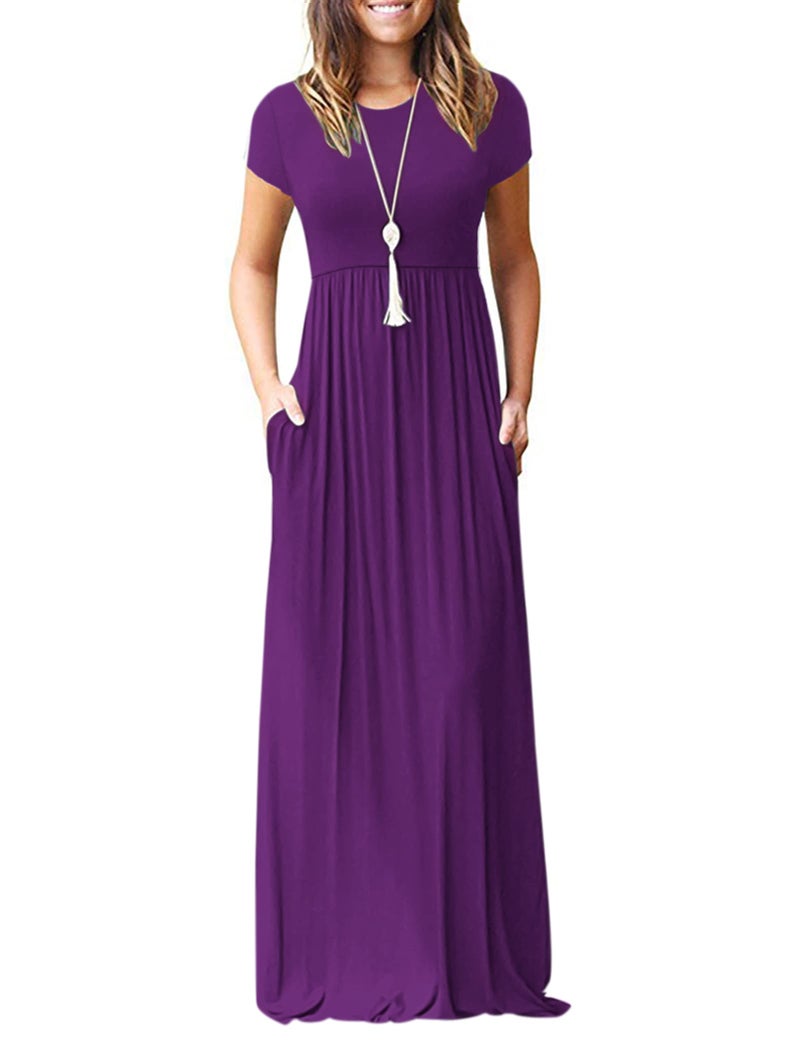 MISFAY Women's Short Sleeve Empire Waist Maxi Dresses Long Dresses with Pockets (Purple L) - Image 4