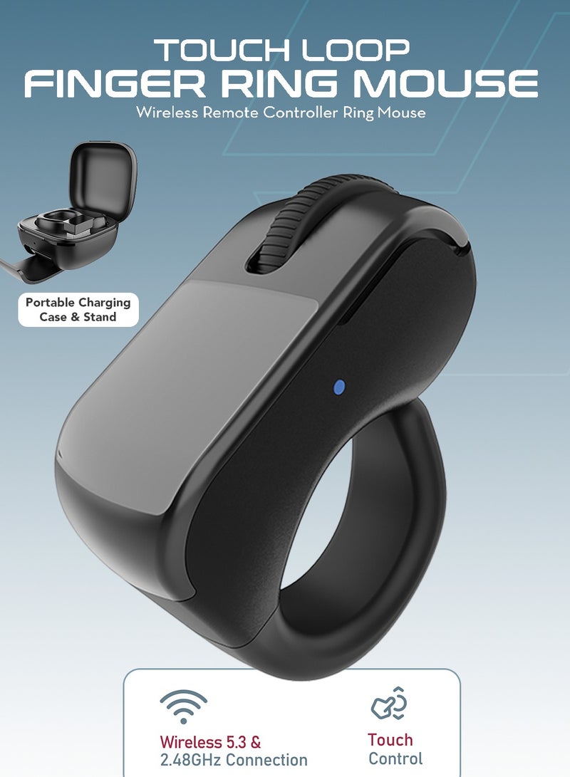Moxedo ماوس حلقة الإصبع بلوتوث 5.3 من موكسييدو لجهاز الكمبيوتر، اللابتوب، التابلت، الهاتف المحمول، جهاز عرض لاسلكي قابل للارتداء مع لوحة لمس، تحكم في التمرير وتغيير الصفحات مع علبة شحن وحامل. - Image 2