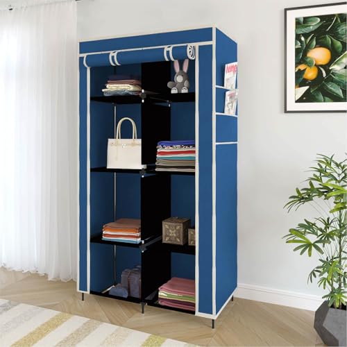 Whitecloud TRANSFORMING HOMES Collapsible Wardrobe Closet for Clothes Almira, 8 Shelves, 1 Side Pocket (Non-Woven Fabric, 76x38x145cm) (7700-2) (Blue) - Image 1