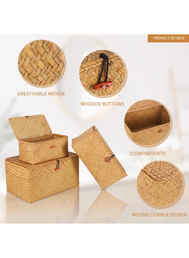 Set of 3 Shelf Basket with Lid for Home Decor Seagrass Storage Baskets Natural Rattan Woven Square Organizer Box (Set of 3) - Image 2